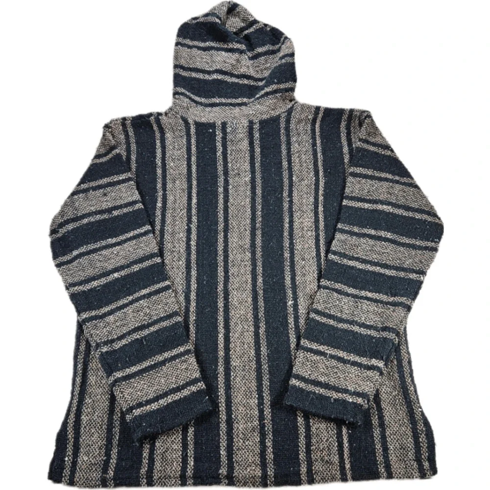 Men's Baja Hoodie Black Beige Stripe Small S Polyester Acrylic Pullover